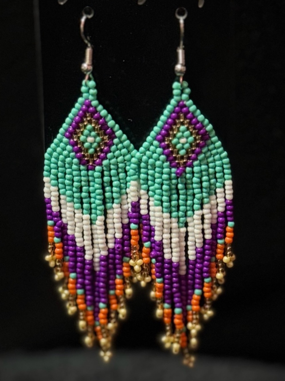 Fashion Jewelry Turquoise, Purple & Gold Beaded Fringe Earrings